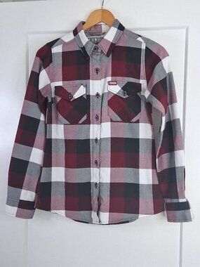 DIXXON Flannel Southpaw Womens Small Purple Burgundy Plaid D-Tech Snap Shirt